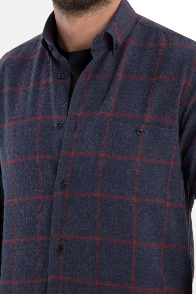 Varetta Erkek Lacivert Kışlık Kareli Yünlü Cepli Geniş Kesim Gömlek