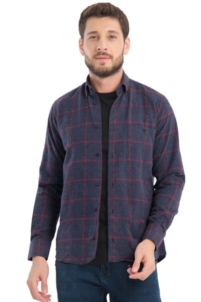 Varetta Erkek Lacivert Kışlık Kareli Yünlü Cepli Geniş Kesim Gömlek
