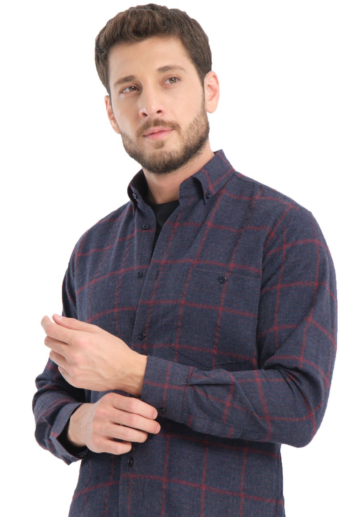 Varetta Erkek Lacivert Kışlık Kareli Yünlü Cepli Geniş Kesim Gömlek