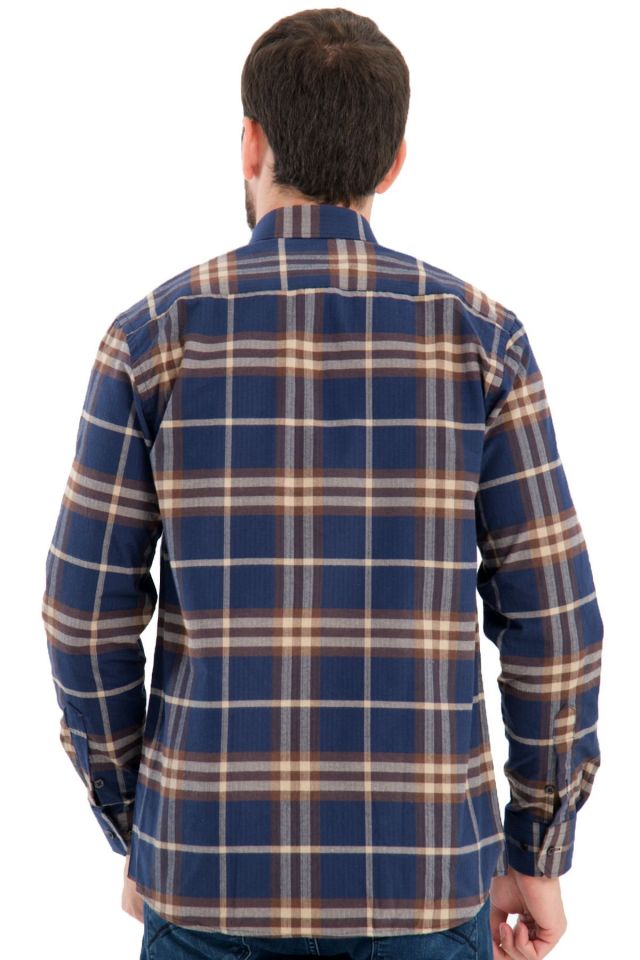 Varetta Erkek Lacivert Kışlık Gömlek Kareli Yünlü Cepli Geniş Kesim