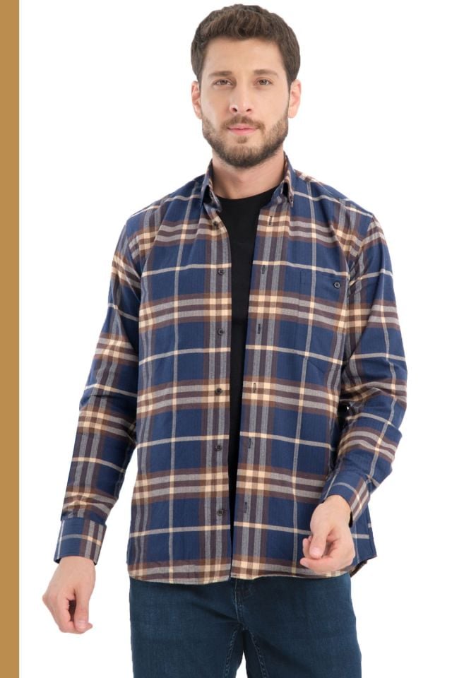 Varetta Erkek Lacivert Kışlık Kareli Yünlü Cepli Geniş Kesim Gömlek