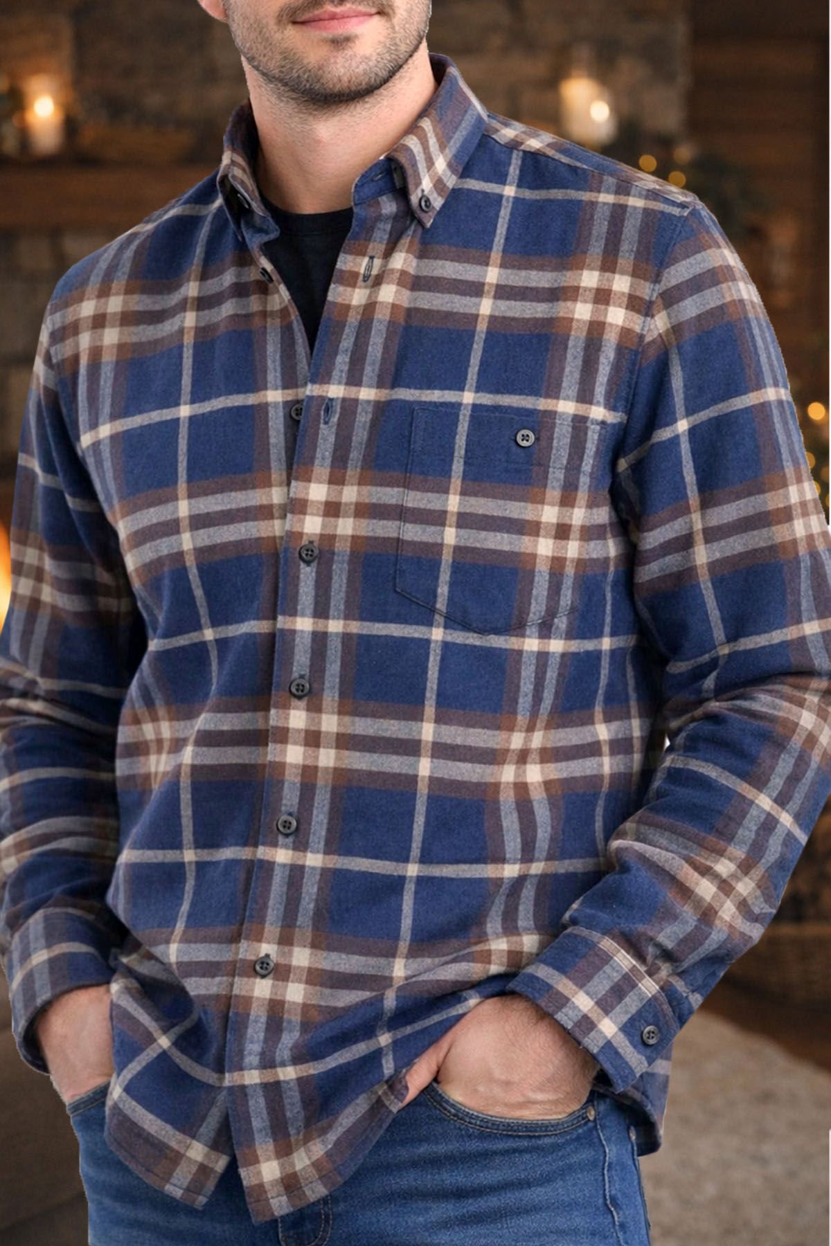 Varetta Erkek Lacivert Kışlık Gömlek Kareli Yünlü Cepli Geniş Kesim