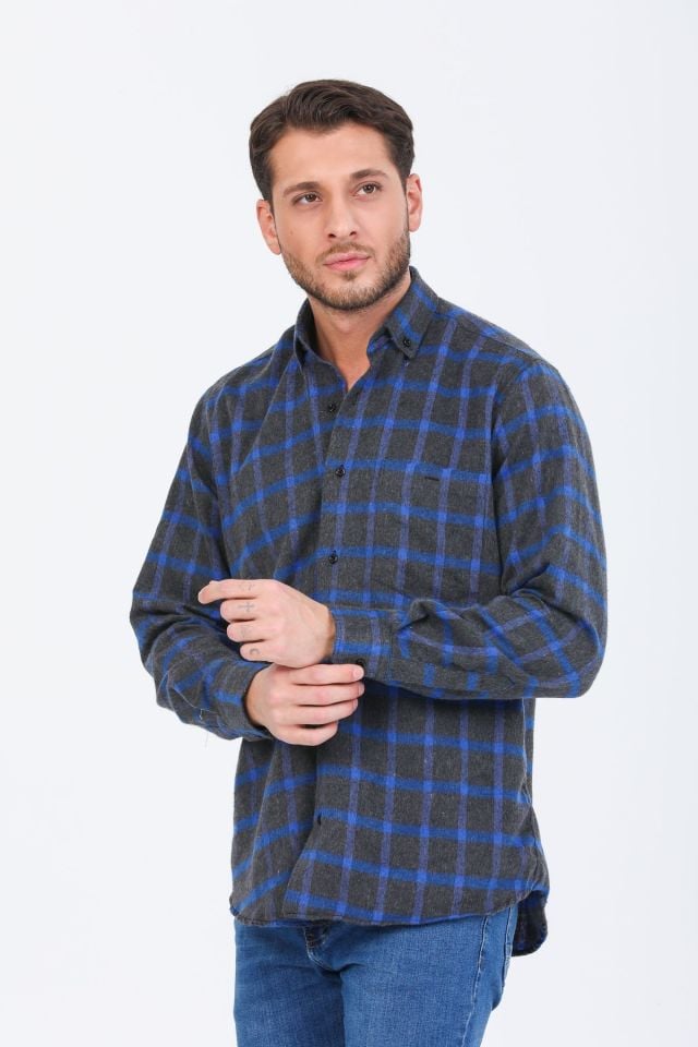 Varetta Erkek Siyah Kışlık Gömlek Kareli Klasik Kesim Yaka Düğmeli