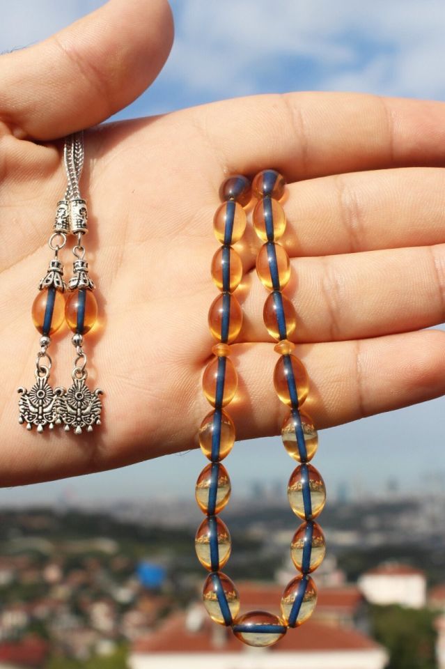 33 Lük Çift Püsküllü Karınca Fosilli Osmanlı Turalı Toz Kehribar Sarı Tesbih Kutulu Standart
