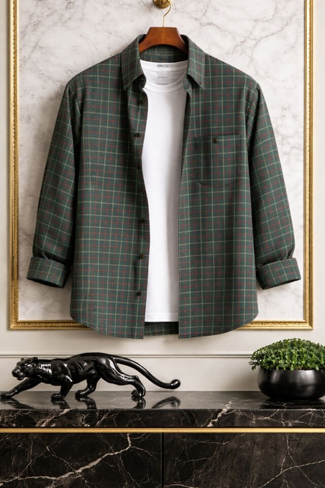 Varetta Erkek Yeşil Kışlık Kareli Yünlü Cepli Geniş Kesim Gömlek