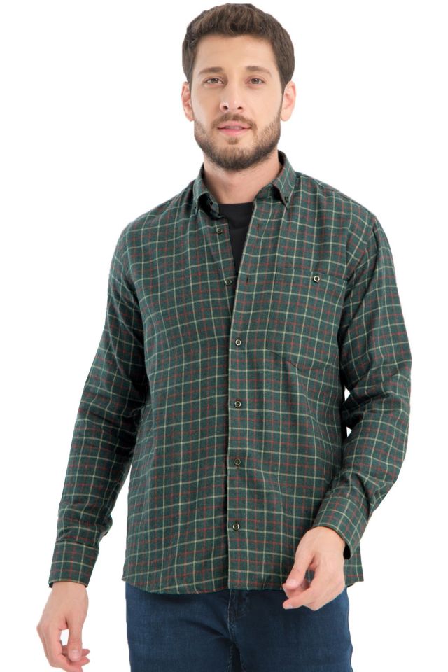 Varetta Erkek Yeşil Kışlık Kareli Yünlü Cepli Geniş Kesim Gömlek