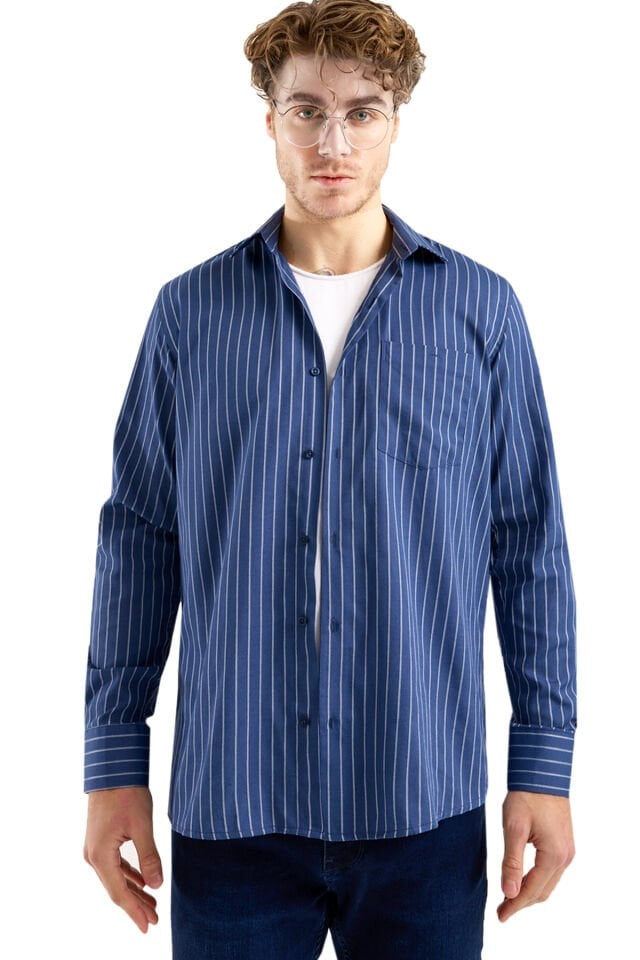 Varetta Lacivert Çizgili Klasik Erkek Gömlek  Pamuklu, Cepli, Uzun Kollu Gömlek