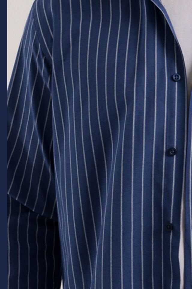 Varetta Lacivert Çizgili Klasik Erkek Gömlek  Pamuklu, Cepli, Uzun Kollu Gömlek