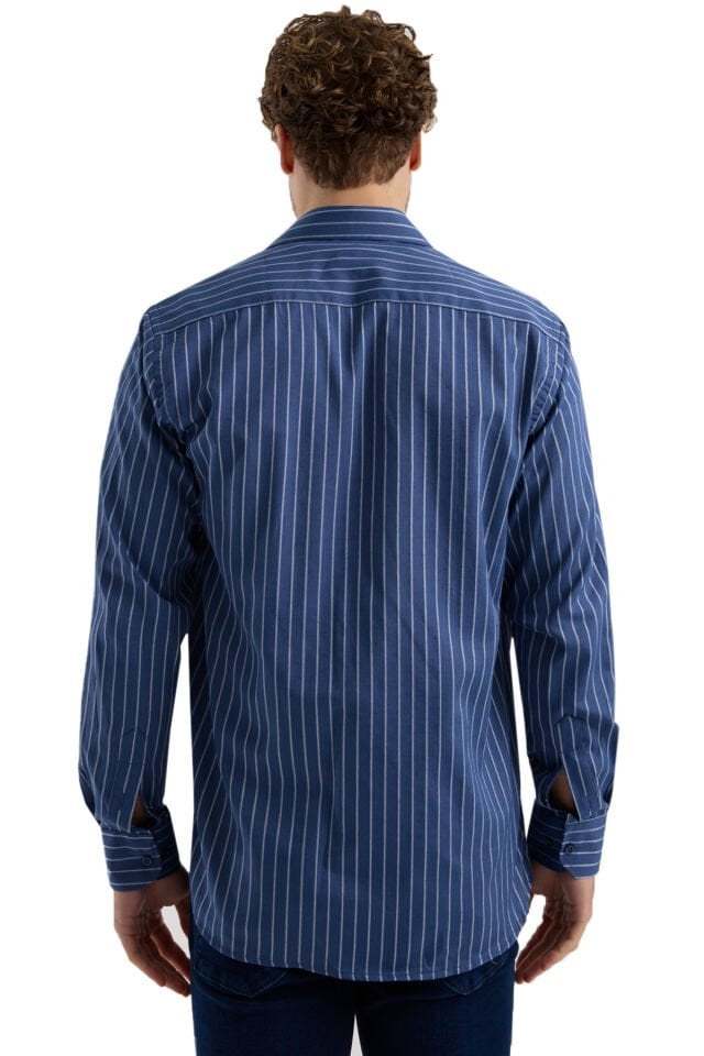 Varetta Lacivert Çizgili Klasik Erkek Gömlek  Pamuklu, Cepli, Uzun Kollu Gömlek