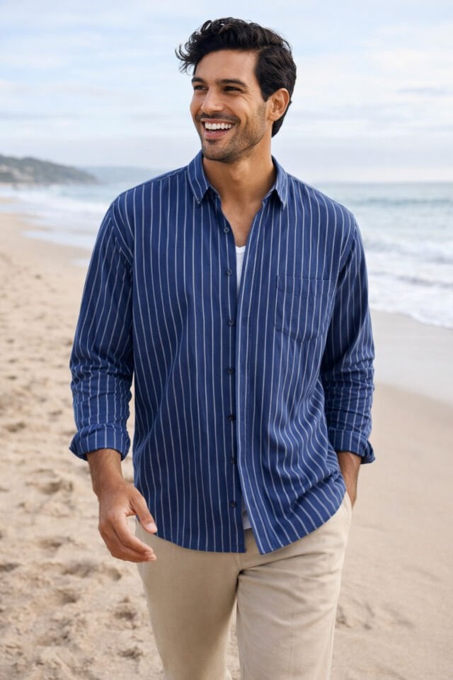 Varetta Lacivert Çizgili Klasik Erkek Gömlek  Pamuklu, Cepli, Uzun Kollu Gömlek