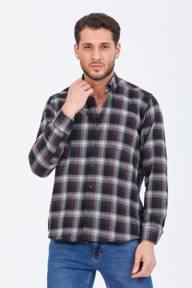 Varetta Erkek Siyah Kareli Klasik Kesim Yaka Düğmeli Kışlık Gömlek