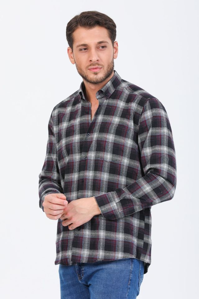 Varetta Erkek Siyah Kareli Klasik Kesim Yaka Düğmeli Kışlık Gömlek