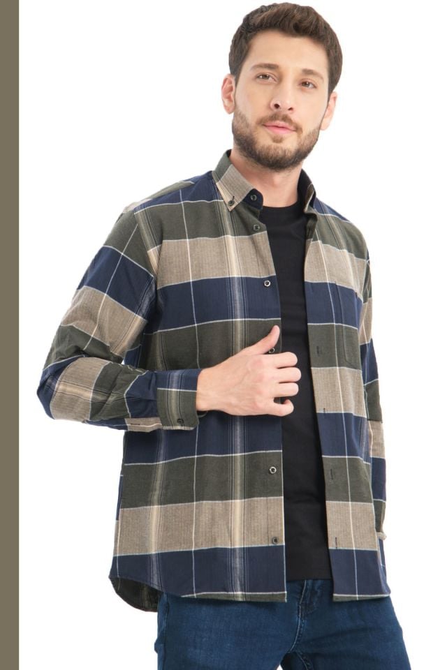 Varetta Erkek Yeşil Kışlık Gömlek Kareli Yünlü Cepli Geniş Kesim