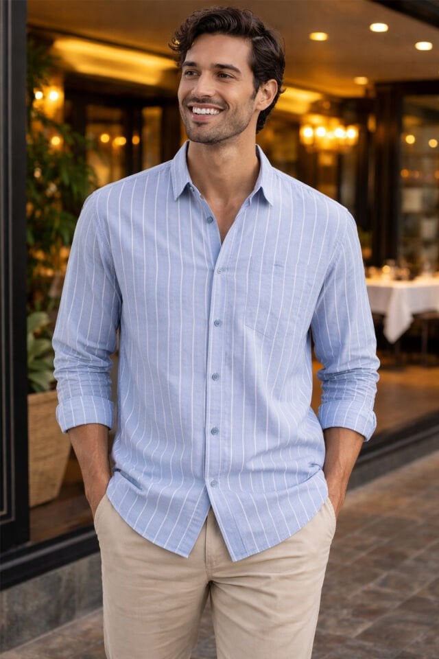 Varetta Soft Mavi Çizgili Klasik Erkek Gömlek  Pamuklu, Cepli, Uzun Kollu Gömlek
