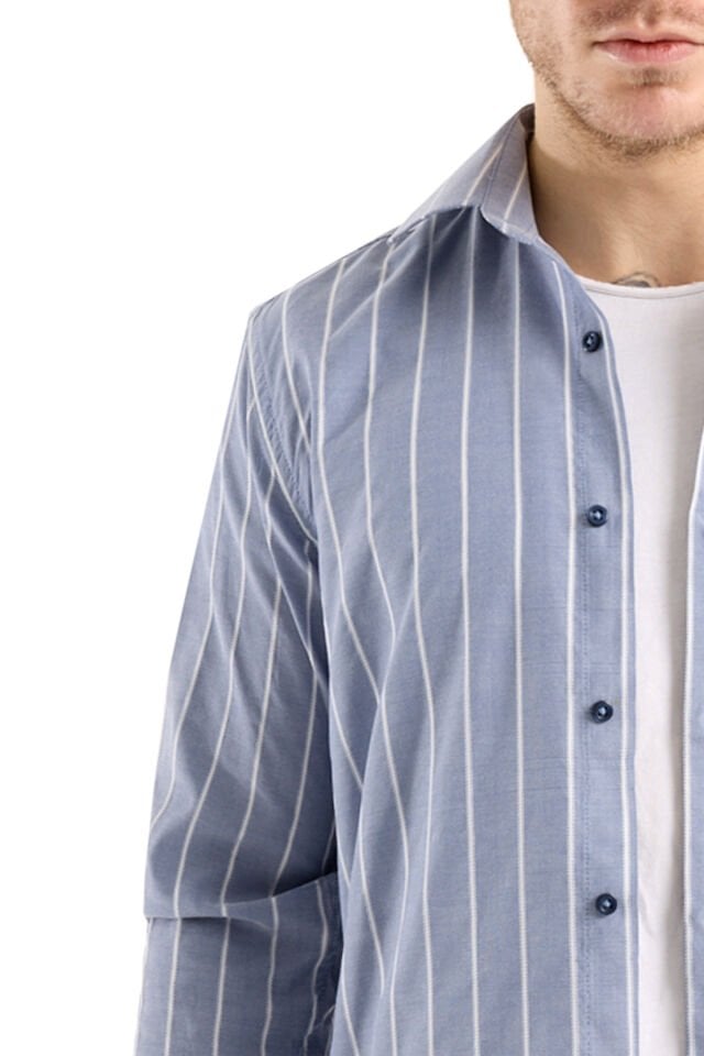 Varetta Soft Mavi Çizgili Klasik Erkek Gömlek  Pamuklu, Cepli, Uzun Kollu Gömlek