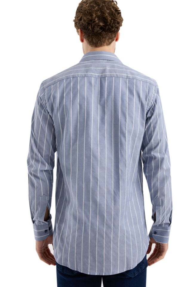 Varetta Soft Mavi Çizgili Klasik Erkek Gömlek  Pamuklu, Cepli, Uzun Kollu Gömlek