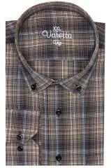 Erkek Kahverengi Süper Büyük Beden Uzun Kol Yaka Düğmeli Kareli Tek Cepli  Gömlek