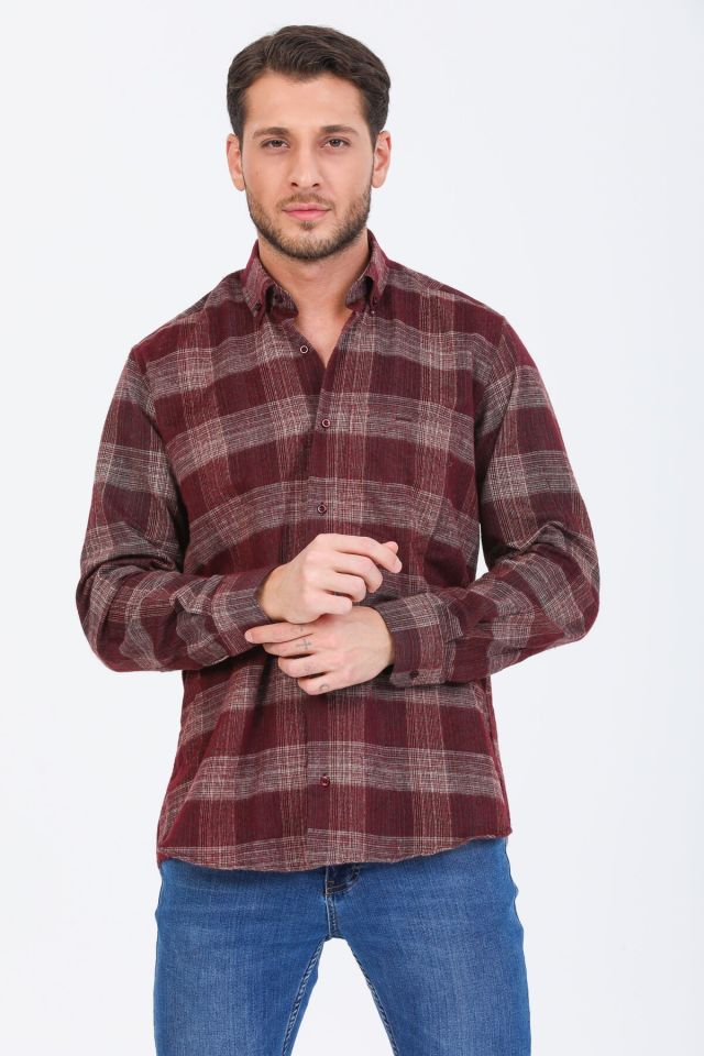 Varetta Erkek Bordo Kışlık Gömlek Yaka Düğmeli Kareli