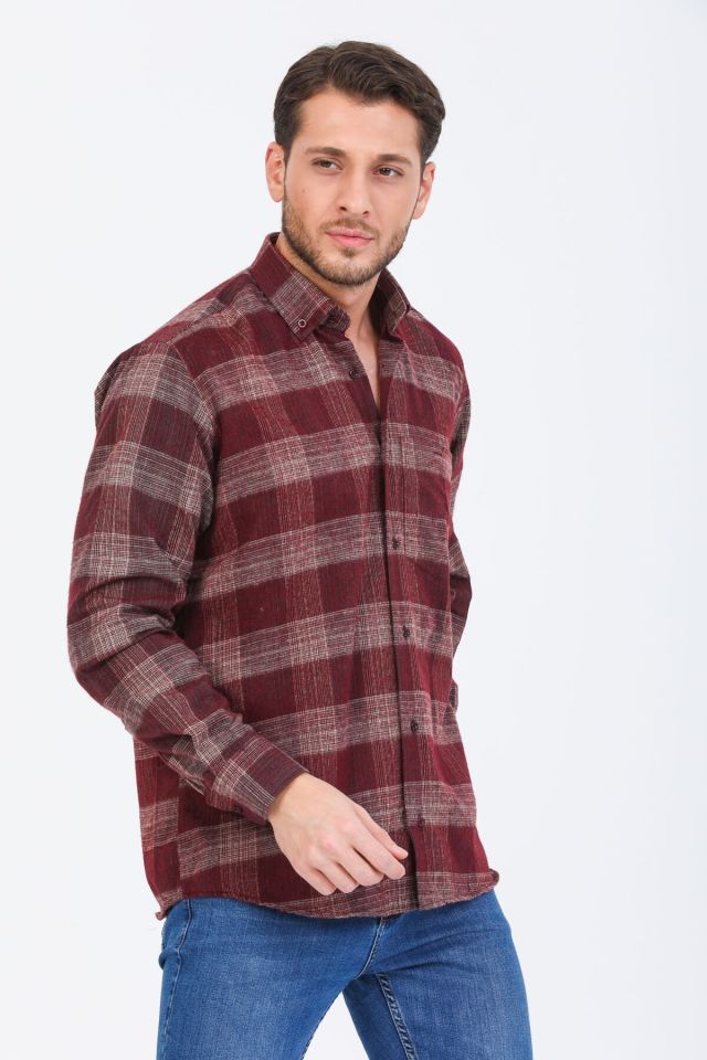 Varetta Erkek Bordo Kışlık Gömlek Yaka Düğmeli Kareli