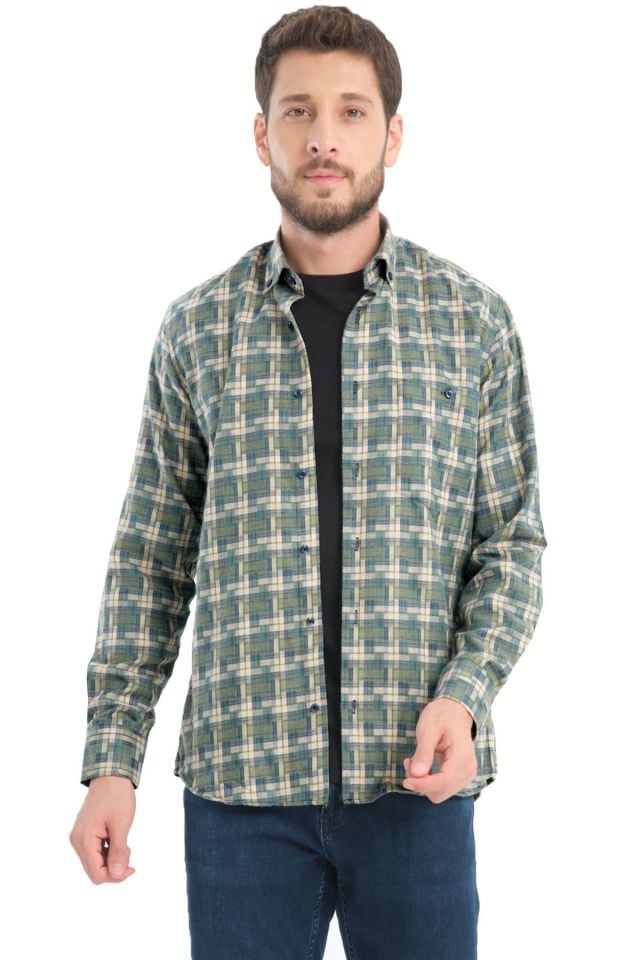 Varetta Erkek Yeşil Kışlık Gömlek Kareli Yünlü Cepli Geniş Kesim