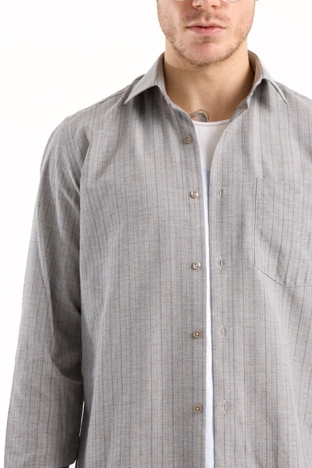 Varetta Gri Çizgili Klasik Erkek Gömlek  Pamuklu Cepli Uzun Kollu Gömlek