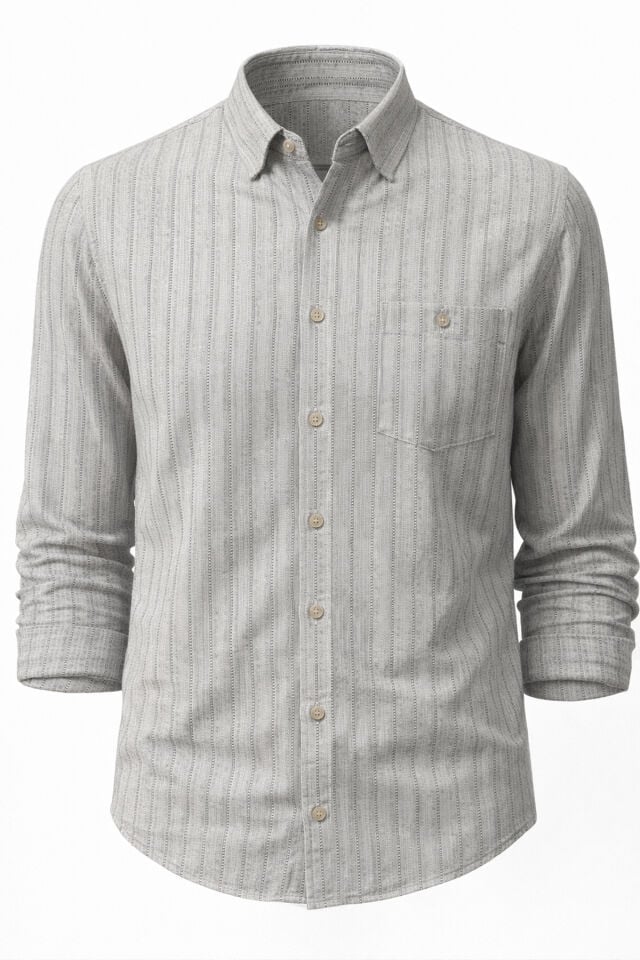 Varetta Gri Çizgili Klasik Erkek Gömlek  Pamuklu Cepli Uzun Kollu Gömlek