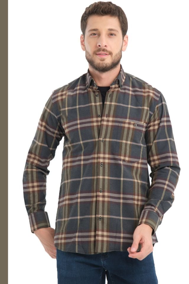 Varetta Erkek  Yeşil Kışlık Kareli Yünlü Cepli Gömlek Klasik rahat kesim