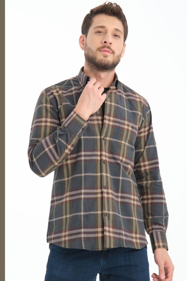 Varetta Erkek  Yeşil Kışlık Kareli Yünlü Cepli Gömlek Klasik rahat kesim