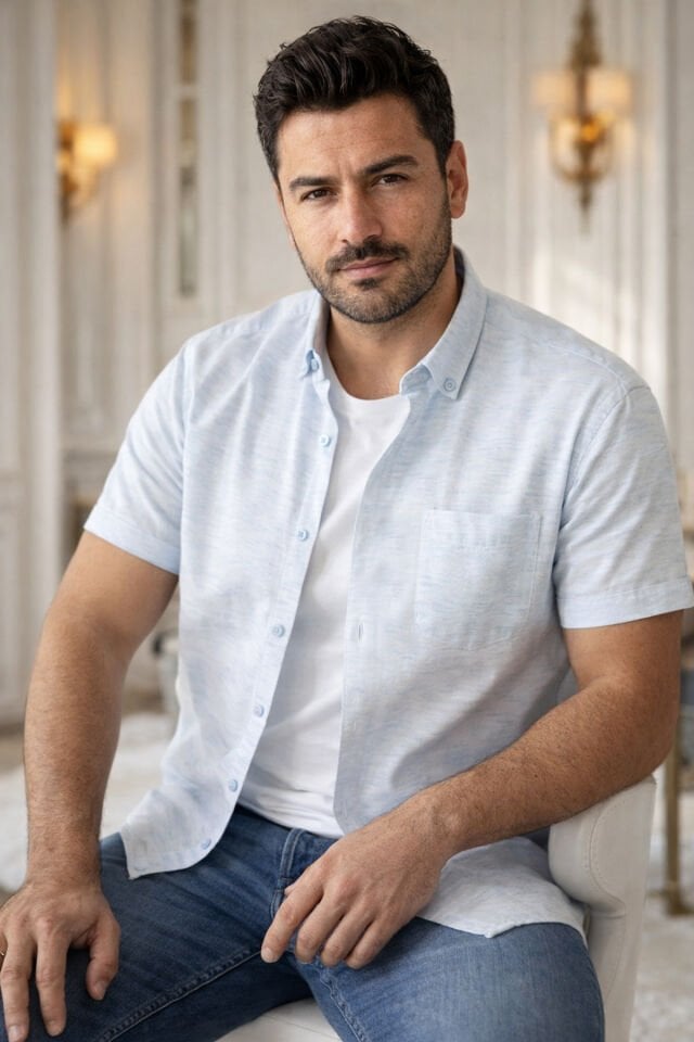 Varetta Erkek Bebek Mavi Gömlek Kısa Kollu Keten Efekt Yumuşak Geniş Kesim Cepli