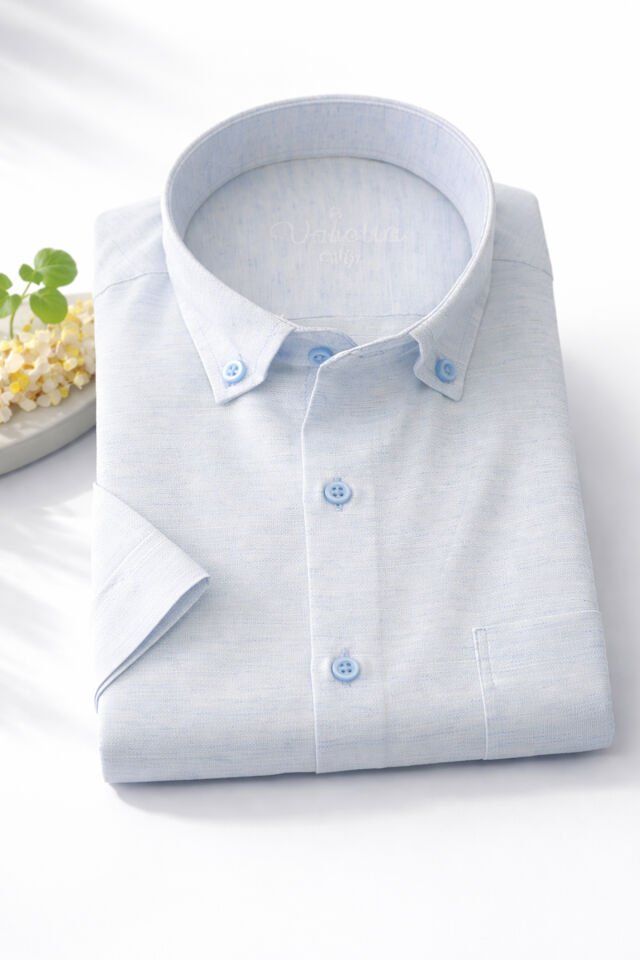 Varetta Erkek Bebek Mavi Gömlek Kısa Kollu Keten Efekt Yumuşak Geniş Kesim Cepli