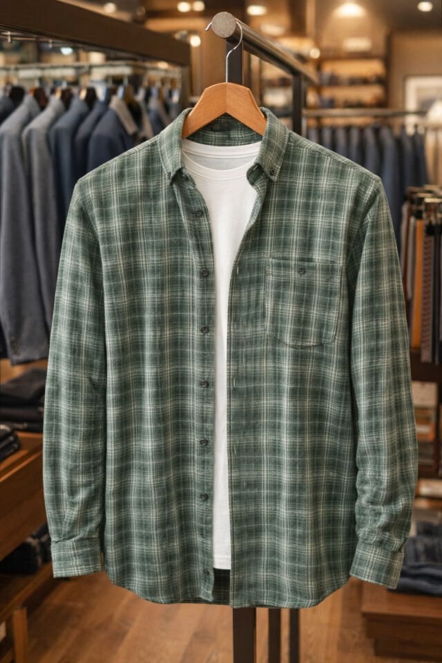 Varetta Erkek Kışlık Gömlek Yeşil Kareli Klasik Kesim Yaka Düğmeli