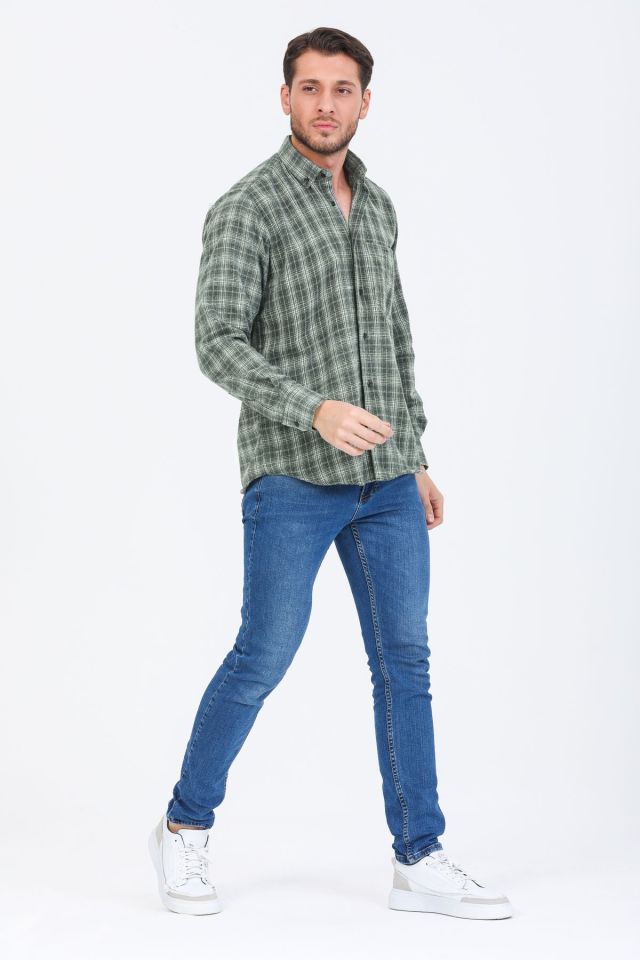 Varetta Erkek Kışlık Gömlek Yeşil Kareli Klasik Kesim Yaka Düğmeli