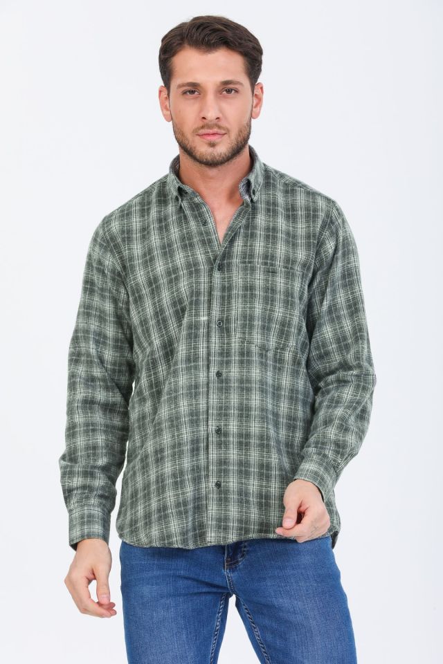 Varetta Erkek Kışlık Gömlek Yeşil Kareli Klasik Kesim Yaka Düğmeli