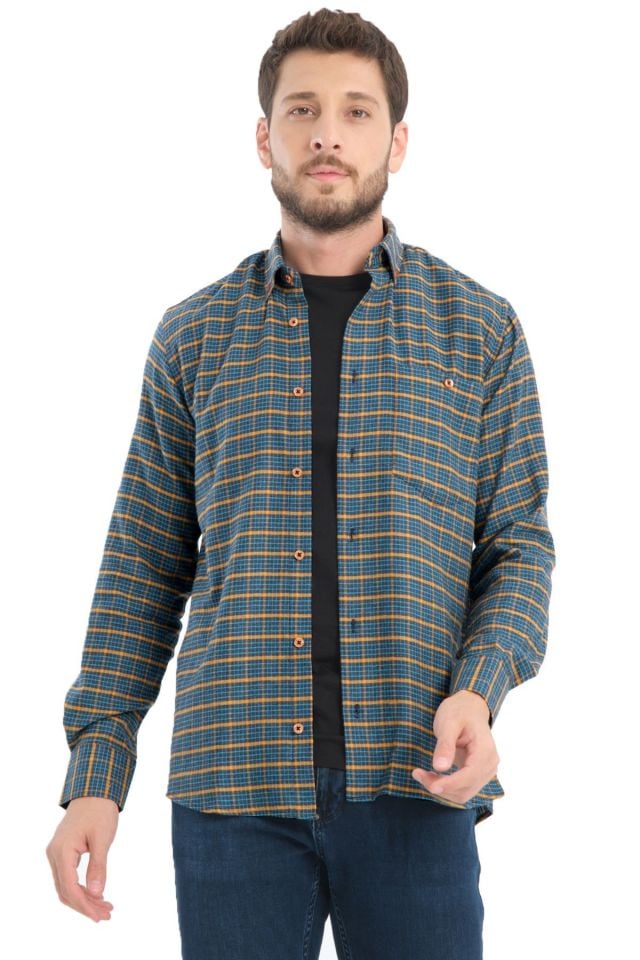 Varetta Erkek Yeşil Kışlık Kareli Yünlü Cepli Geniş Kesim Gömlek