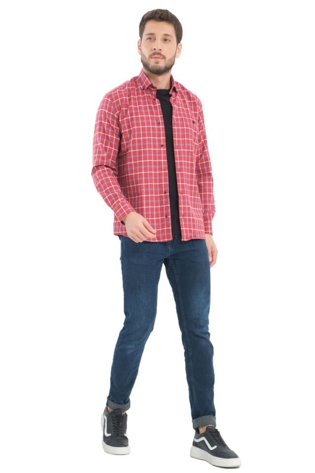 Varetta Erkek Kardinal Kırmızı Kareli Yünlü Cepli Geniş Kesim Gömlek
