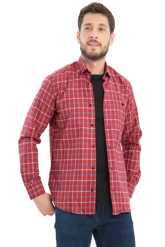 Varetta Erkek Kardinal Kırmızı Kareli Yünlü Cepli Geniş Kesim Gömlek