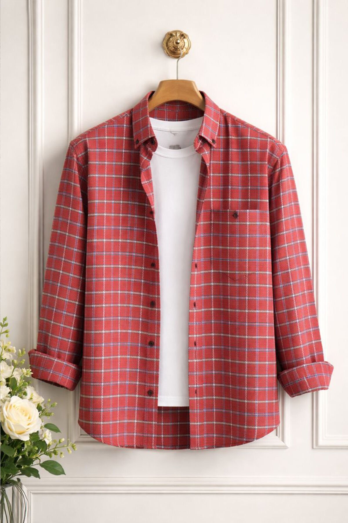 Varetta Erkek Kardinal Kırmızı Kareli Yünlü Cepli Geniş Kesim Gömlek