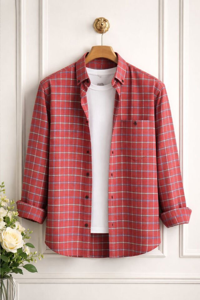 Varetta Erkek Kardinal Kırmızı Kareli Yünlü Cepli Geniş Kesim Gömlek