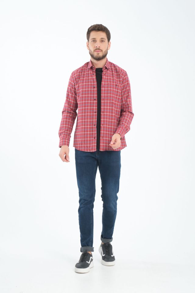 Varetta Erkek Kardinal Kırmızı Kareli Yünlü Cepli Geniş Kesim Gömlek
