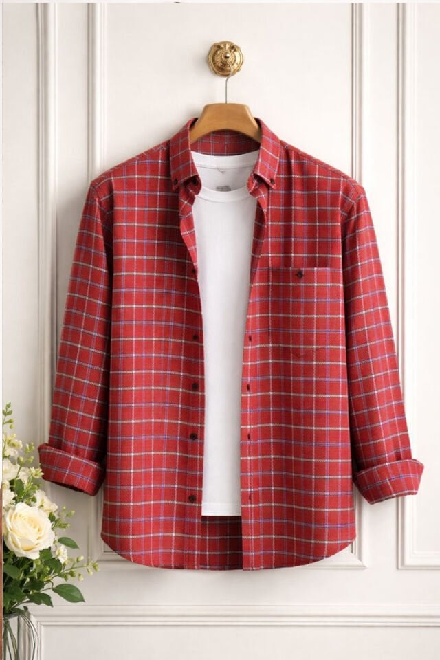 Varetta Erkek Kardinal Kırmızı Kareli Yünlü Cepli Geniş Kesim Gömlek