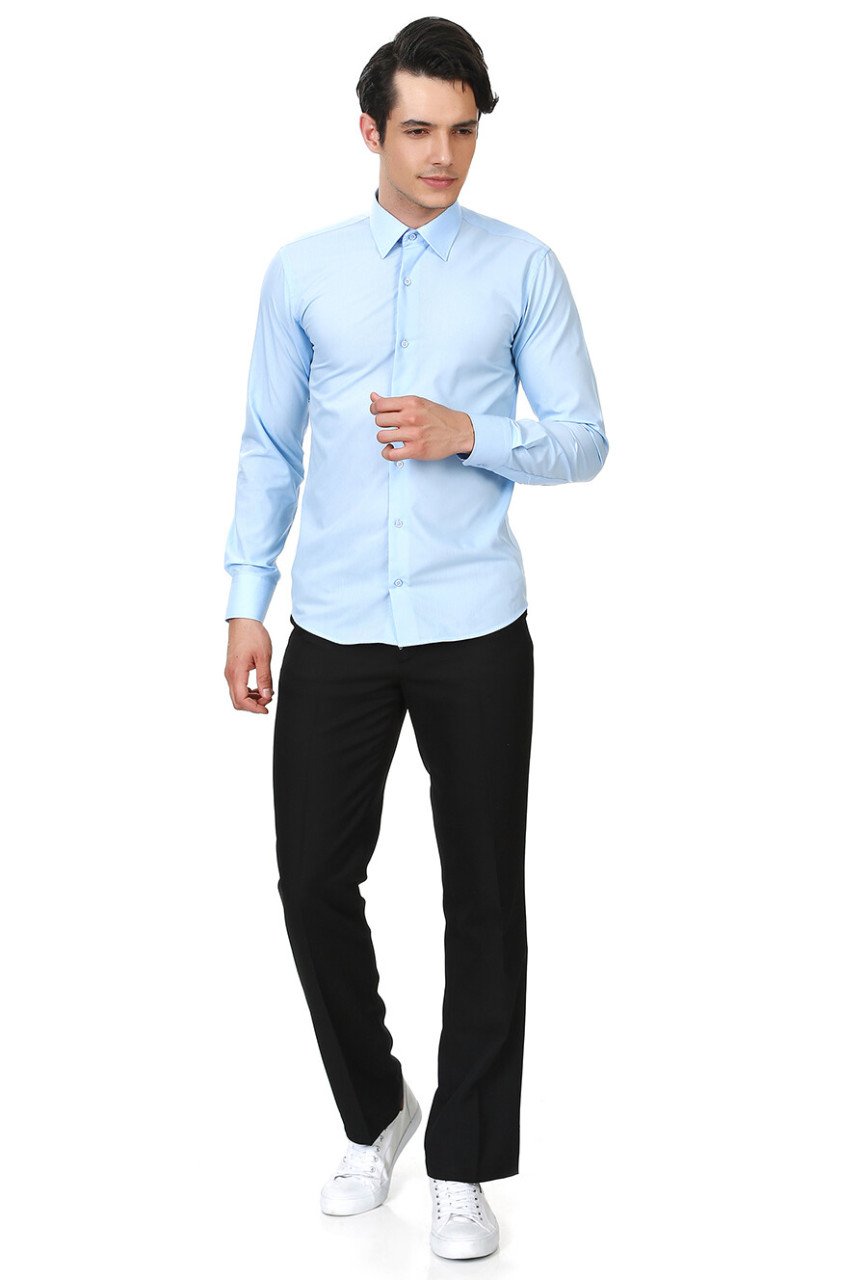Erkek Açık Mavi Düz Slim Fit Uzun Kollu Gömlek
