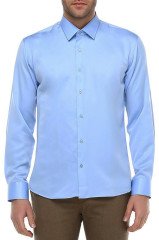 Erkek Mavi Düz Slim Fit Uzun Kollu Gömlek