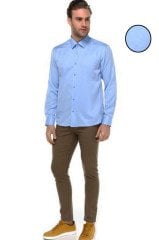 Erkek Mavi Düz Slim Fit Uzun Kollu Gömlek