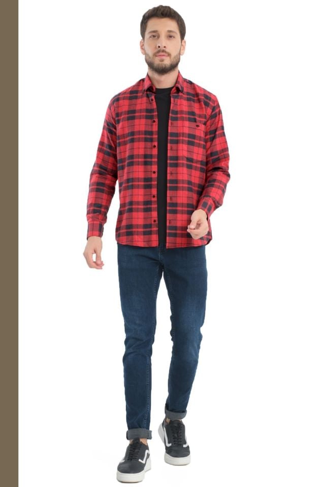 Varetta Erkek Kırmızı Kışlık Gömlek Kareli Yünlü Cepli Geniş Kesim