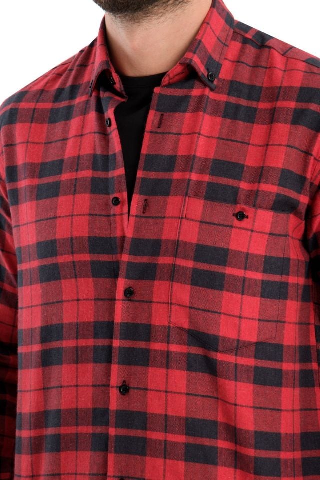 Varetta Erkek Kırmızı Kışlık Gömlek Kareli Yünlü Cepli Geniş Kesim