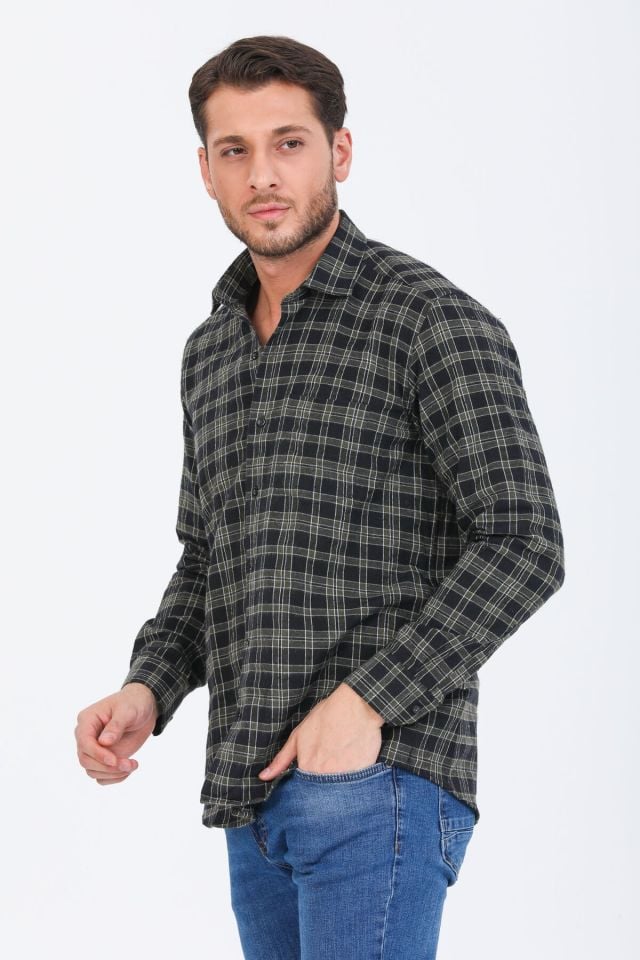 Varetta Erkek Asker Yeşili Kışlık Gömlek Kareli Klasik Kesim Cepli