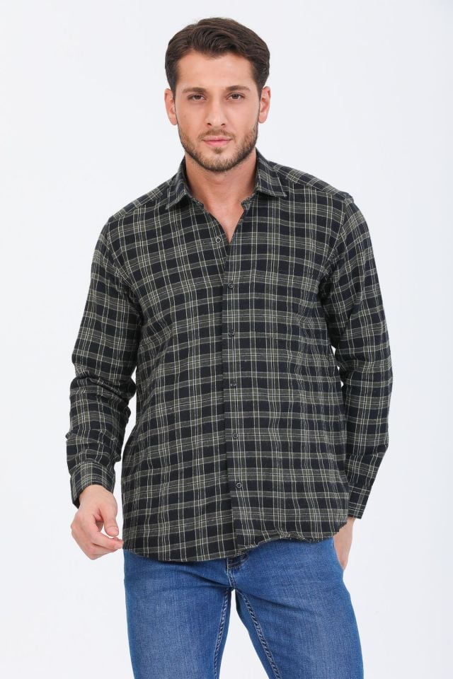 Varetta Erkek Asker Yeşili Kışlık Gömlek Kareli Klasik Kesim Cepli