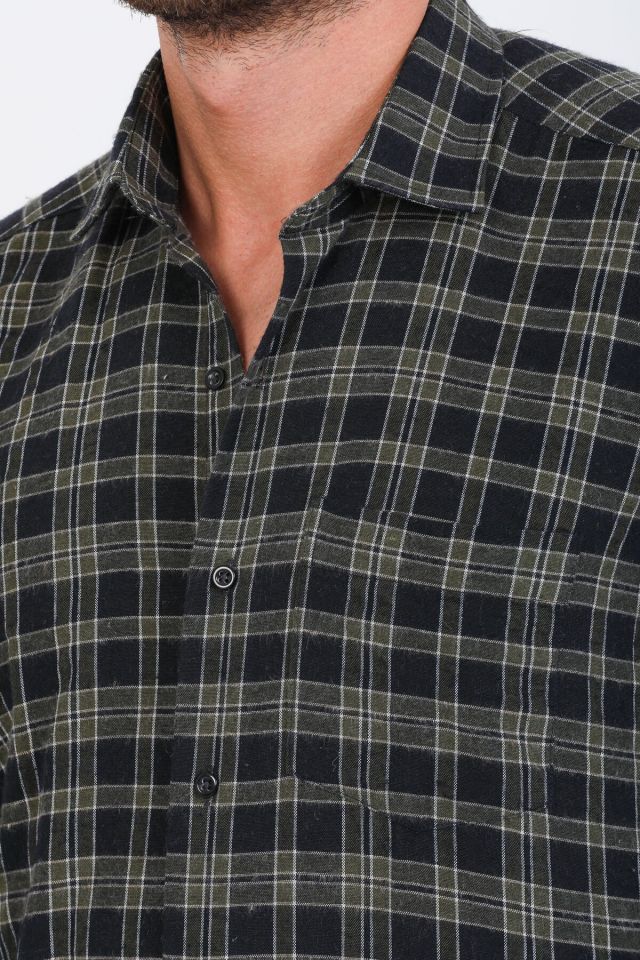 Varetta Erkek Asker Yeşili Kışlık Gömlek Kareli Klasik Kesim Cepli