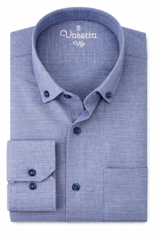 Varetta Erkek Mavi Gömlek Uzun Kollu Pamuklu Keten Efektli Yaka Düğmeli