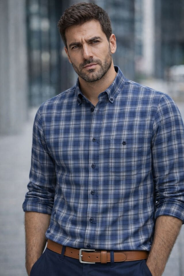 Varetta Lacivert Kareli Klasik Kesim Erkek Gömlek  Pamuklu, Cepli, Uzun Kollu Gömlek